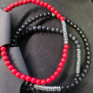 Beaded Stretch Bracelet Set - Red and Black